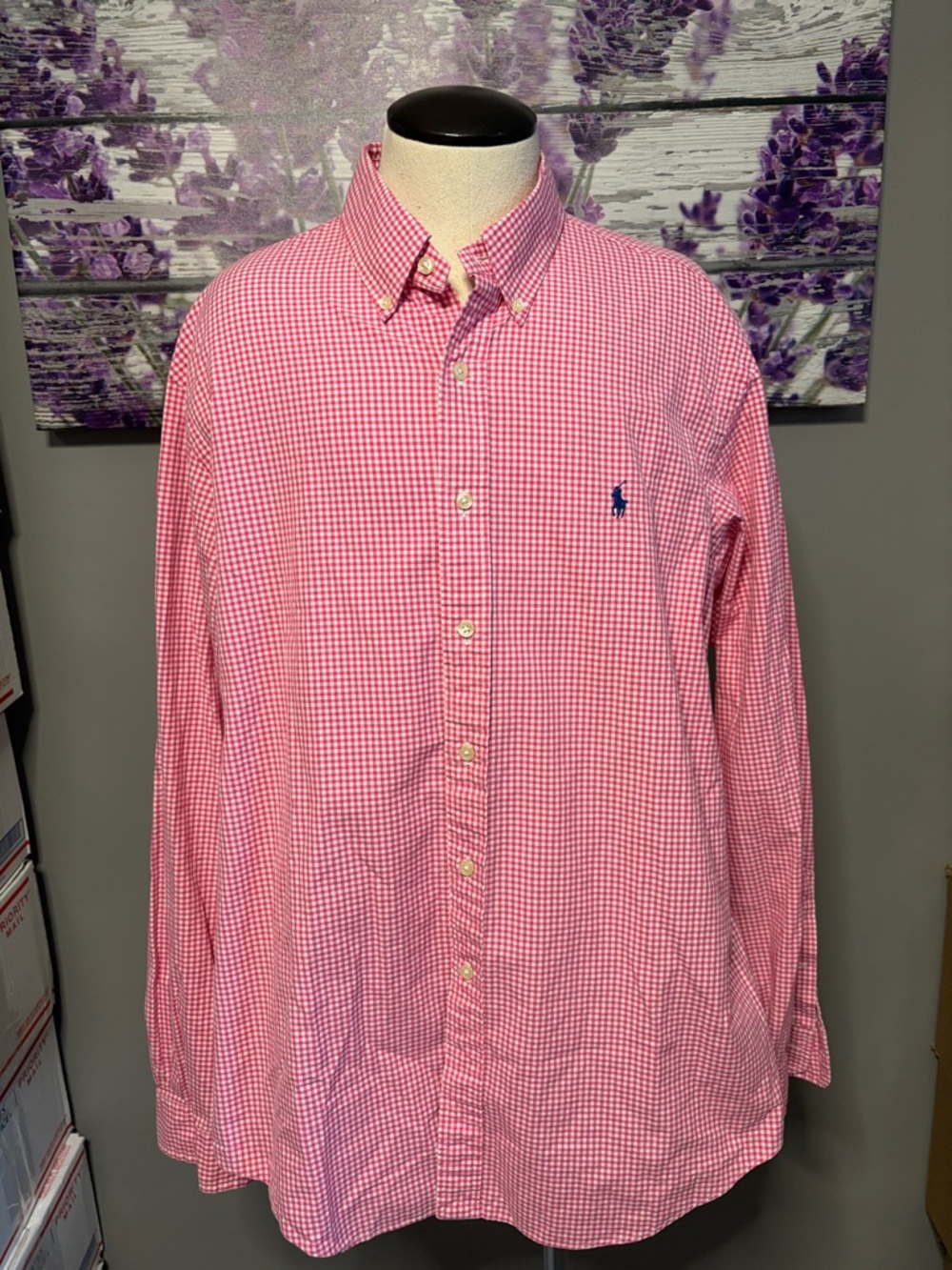 Polo by Ralph Lauren Pink Gingham Button-Down Shirt with Navy Pony Size XL EUC